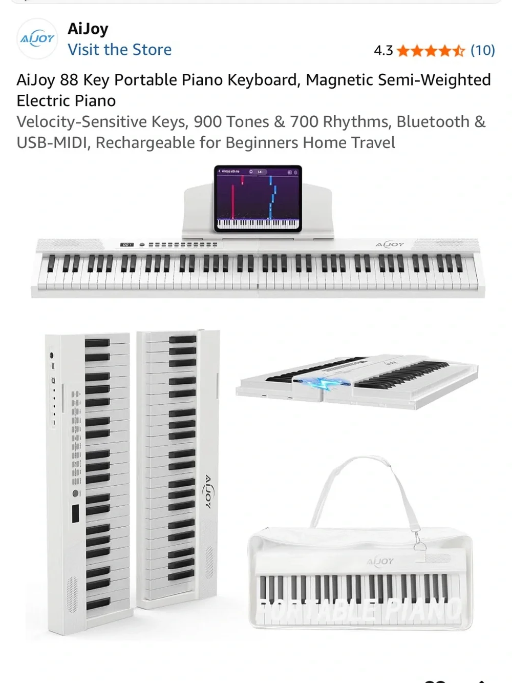 White 88-Key Folding Digital Piano Keyboard with Carry Bag